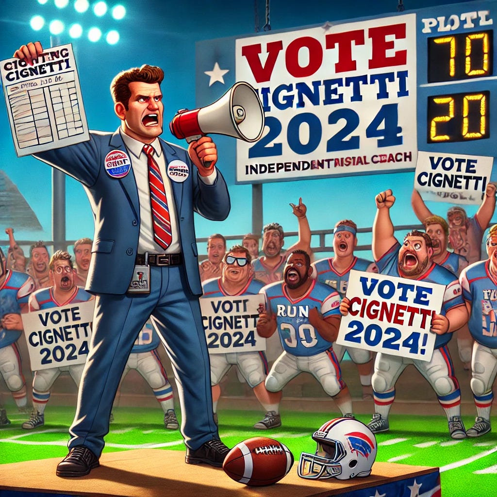 A humorous and energetic scene featuring Curt Cignetti, the head football coach turned independent presidential candidate, standing on a stage holding a football playbook in one hand and a megaphone in the other. He’s surrounded by a passionate crowd of supporters known as the 'Fighting Cignettis,' wearing football jerseys and waving signs that say 'Vote Cignetti 2024' and 'Run the Ball!' In the background, there’s a scoreboard with a perfect 7-0 record, and a football field is visible. The atmosphere is lively and playful, mixing football spirit with presidential campaign energy.