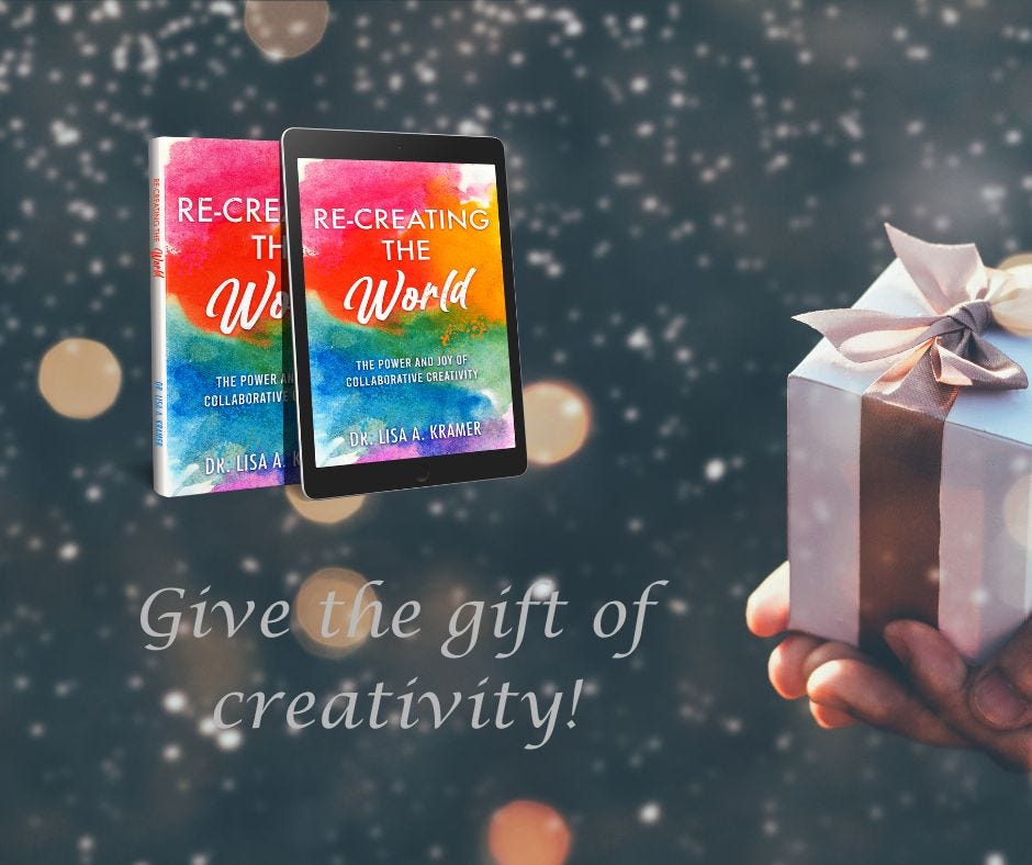 Images of the book float over a background of sparkles. To the write is a package with a golden bow. Below it says "Give the gift of creativity!"