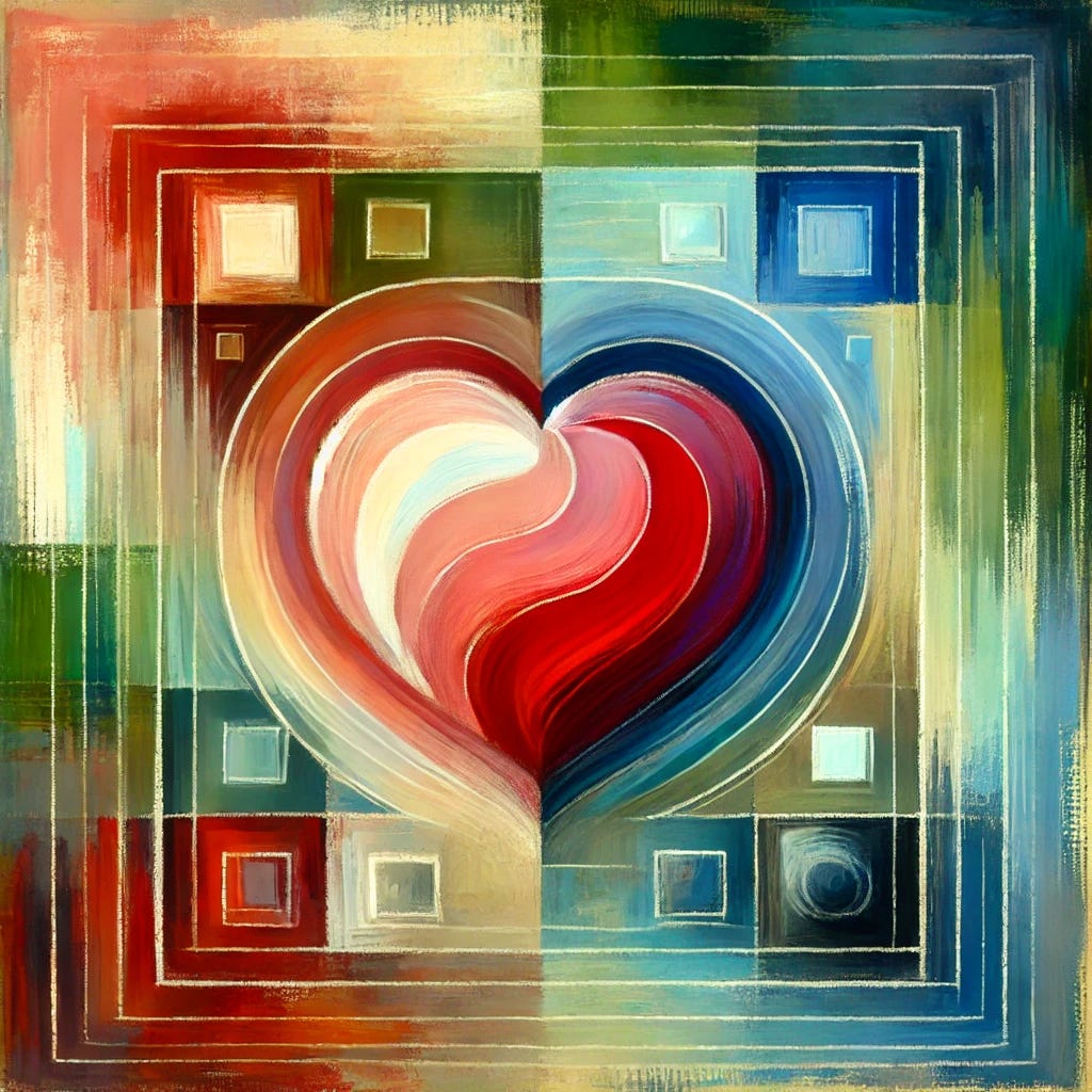 Create an abstract, square painting with a vibrant color palette focused on a stylized heart shape as the central object, representing the foundation of happiness through relationships. The heart should stand out with bright red and pink hues, symbolizing love and connection, and be surrounded by abstract shapes that hint at community, flow, and mindfulness. The background should feature shades of green, blue, brown, and black to evoke a natural, harmonious setting, with visible brushstrokes to add texture. The composition should feel flat, decorative, and balanced, exuding peace, simplicity, and warmth.