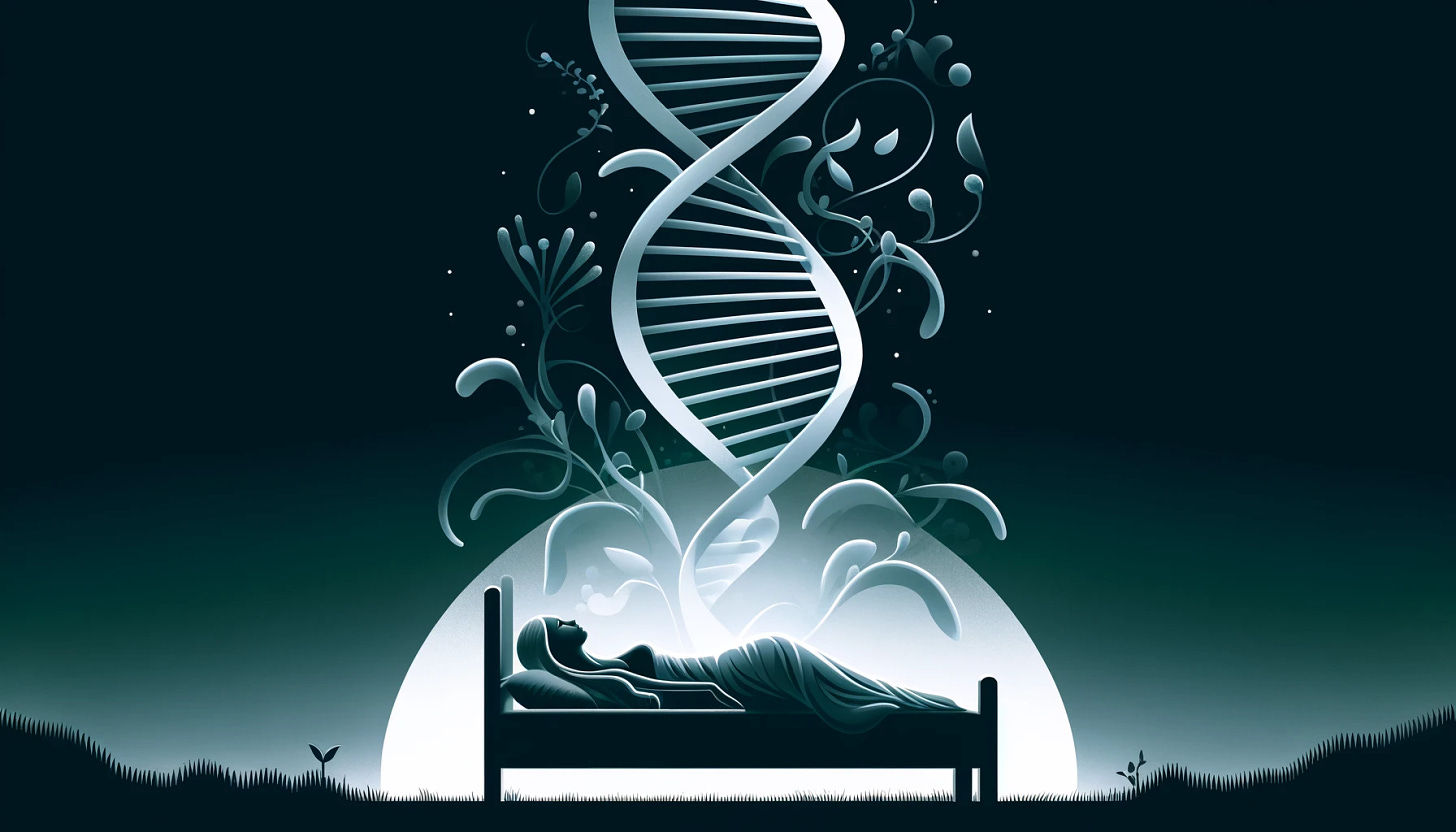 A minimalist, dark-themed, landscape-oriented artistic illustration depicting a DNA molecule personified as a sleeping beauty, lying on a bed in a serene and mystical setting. The DNA should be subtly personified to suggest it's sleeping, perhaps with gentle curves to mimic a relaxed posture. The overall atmosphere should be tranquil and slightly ethereal, capturing the essence of a sleeping entity in a magical, scientific context.