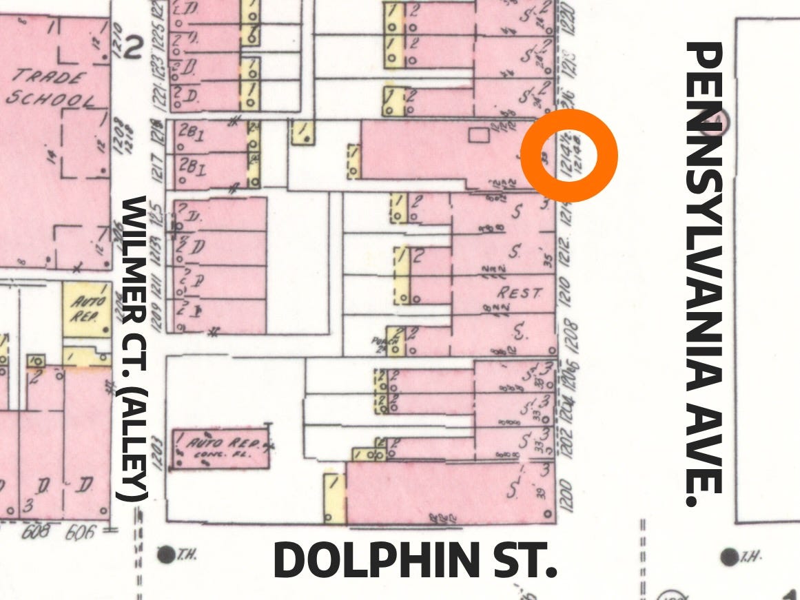 A map showing 1214 ½ Pennsylvania Avenue circled in orange. The nearby cross-streets are Dolphin St. and Wilmer Ct.