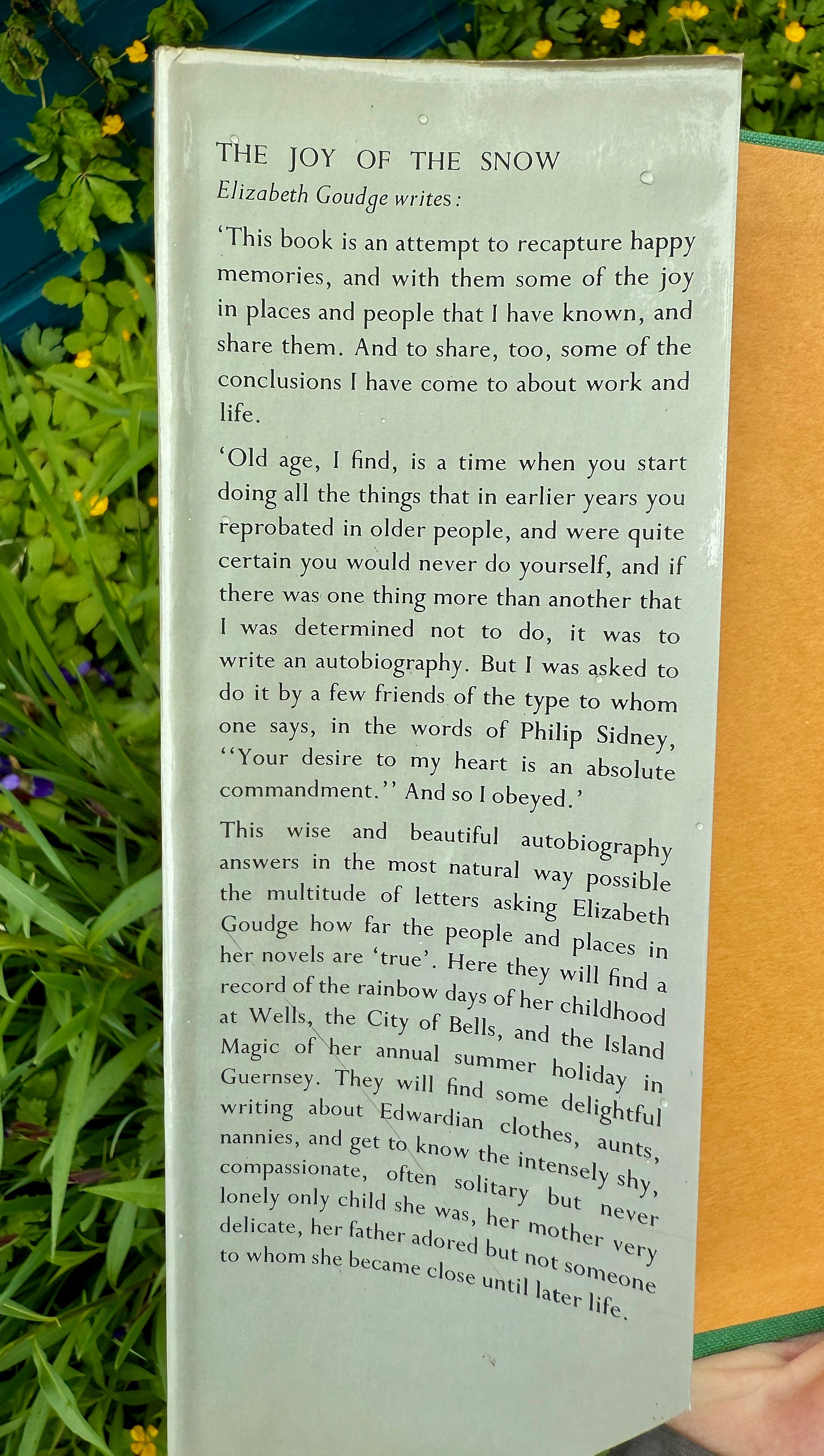 Dust jacket copy for the 1974 UK edition of The Joy of the Snow by Elizabeth Goudge