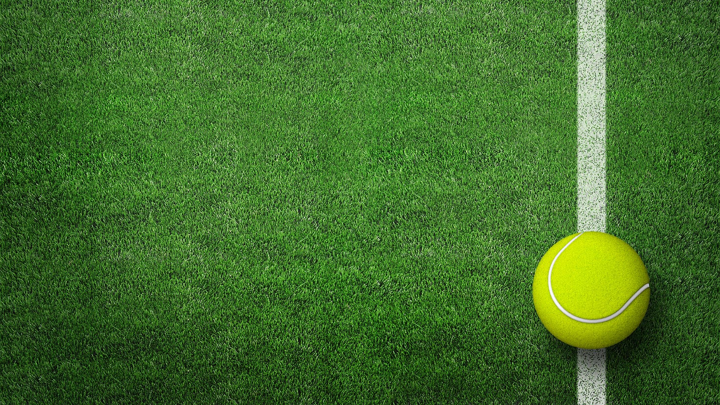 Fear of failure, fear of success. A tennis ball on a chalk line on a grass court.