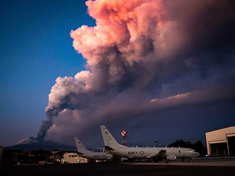 Mount Etna's February 2021 eruption seen from Naval Air Station Signorella, abour 40 kilometers south of Etna. (Photo from NAS Signorella Facebook page.)