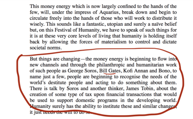 Lucis Trust article extolling supporters Bill Gates and George Soros. Scrubbed from the internet. Full documentation here .