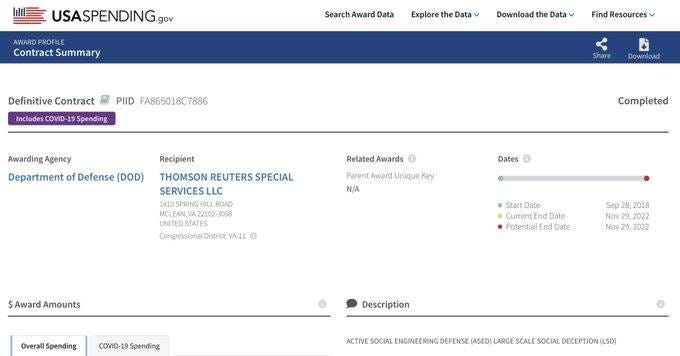 May be an image of map and text that says 'USASPENDING ο AWARD AWARDPROFILE PROFILE Contract ontractSummary Summary SearchAwardData Data Explore the Data Definitive Contract Download the Data Includes COVID 19 Spending PIID FA865018C7886 Find Resources Share Download Awarding AwardingAgency Agency Department of Defense (DOD) Recipient Completed Related Awards 0 Parent Award Unique Parent.AuardUniqueKey Key N/A THOMSON REUTERS SPECIAL SERVICESLLC 1410SPRNGHLLI ROAD A22100 1058 UNNTEDSTAIES ConpestonalDotiaVAI o VA-1E Dates $AwardAmounts $Award Amounts Start Date Curtent CurtentEndD End Date Potential End Data Sep Nov Nov 2018 2022 2022 OverallSpending COVID-19Spending Description ΑΝΑ SOCIAL DECEPTION ENGINEERING DEFENSE'