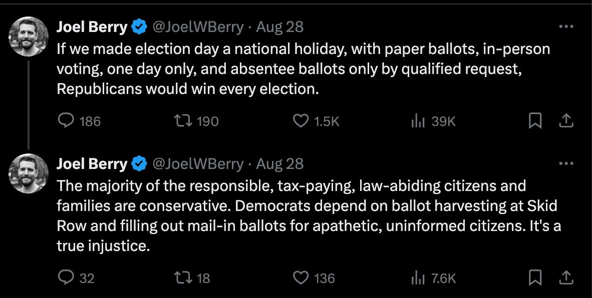 If we made election day a national holiday, with paper ballots, in-person voting, one day only, and absentee ballots only by qualified request, Republicans would win every election. The majority of the responsible, tax-paying, law-abiding citizens and families are conservative. Democrats depend on ballot harvesting at Skid Row and filling out mail-in ballots for apathetic, uninformed citizens. It's a true injustice.