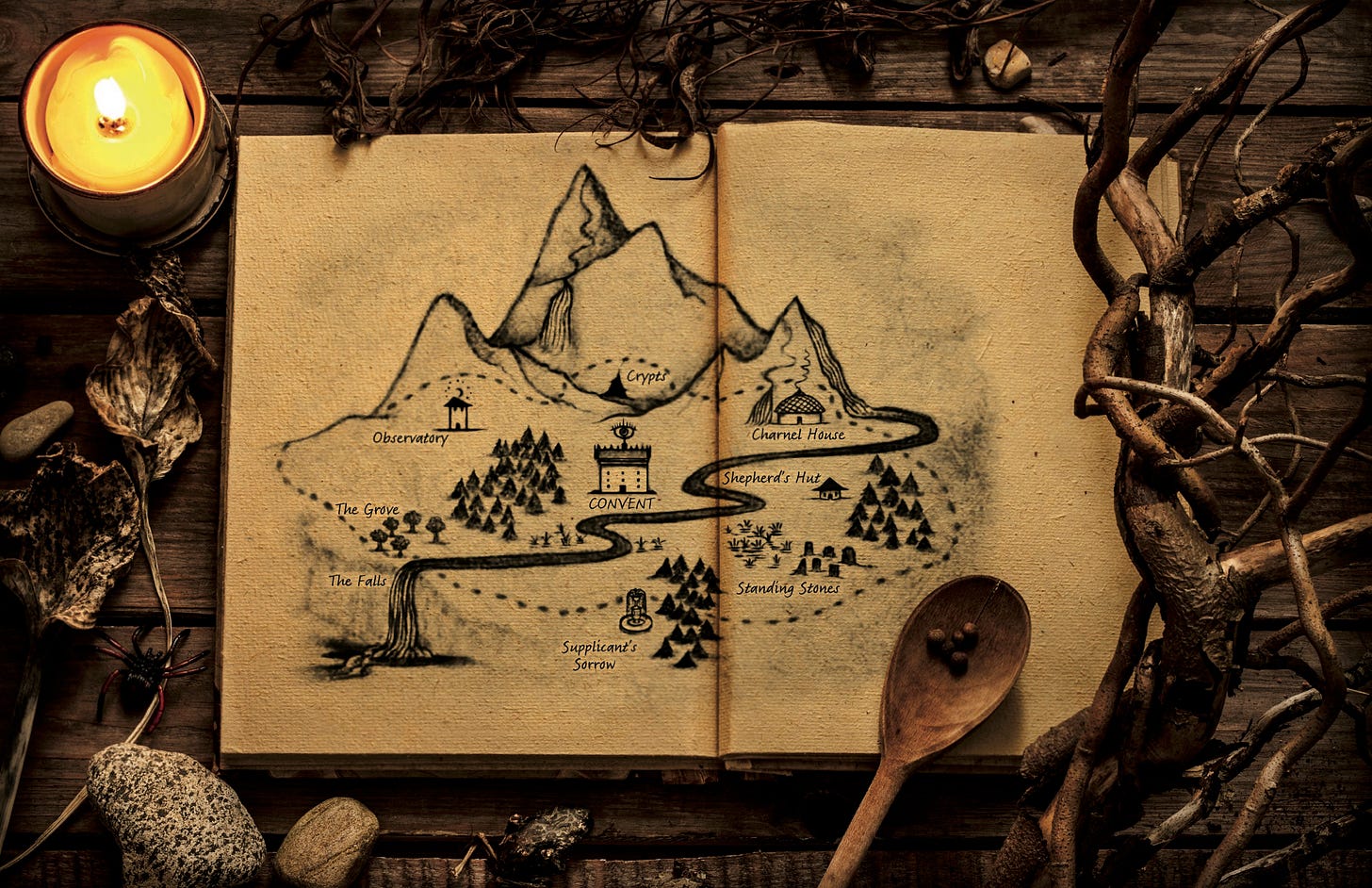 a vibe-y image with leaves and sticks and a burning candle with an open book in the center, on which is the Sightwitch Sister convent map, showing the different places where Ryber explores in Sightwitch