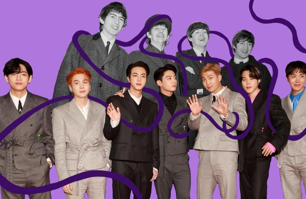 The Beatles and BTS on a purple background