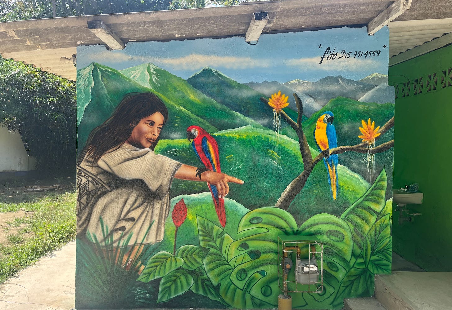 Mural of Indigenous Arhuaco person holding a macaw.