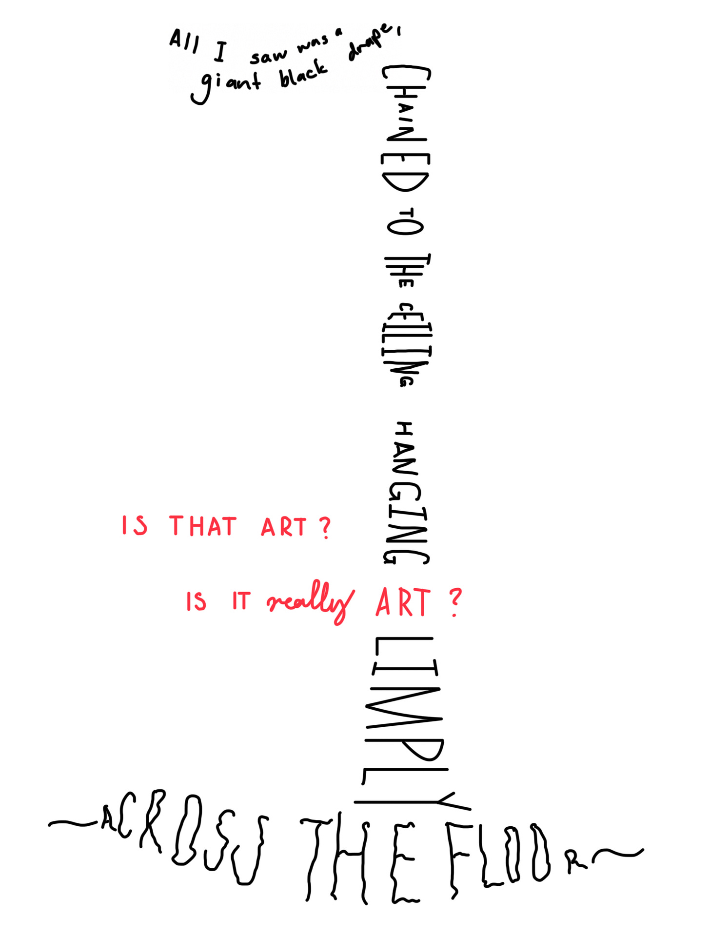 Text shaped like artwork reads: “All I saw was a giant black drape, chained to the ceiling, hanging limply across the floor. Is that art? Is it really art?”