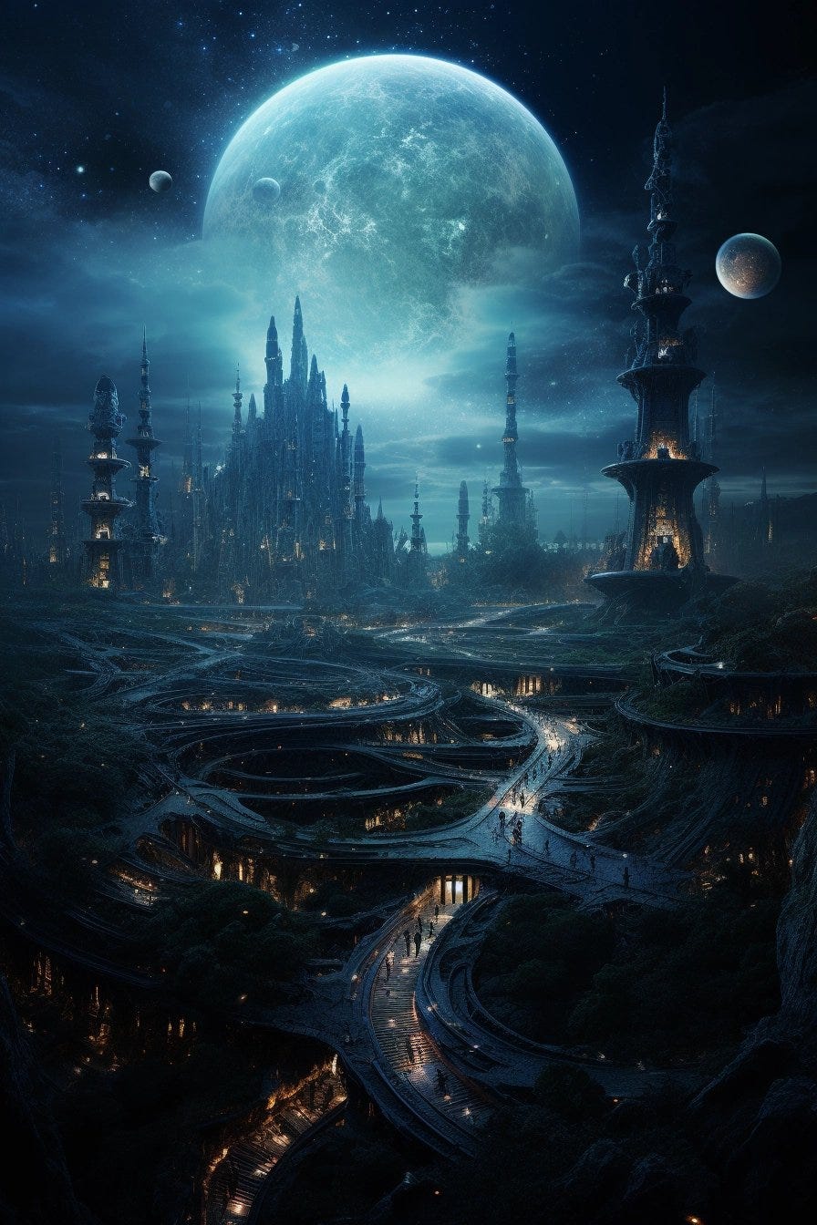 an outer space city with planets surrounding it, in the style of spiral vortex patterns, gothic futurism, 32k uhd, dusty piles, albert goodwin, earthcore, piles/stacks --ar 85:128 --v 5.2