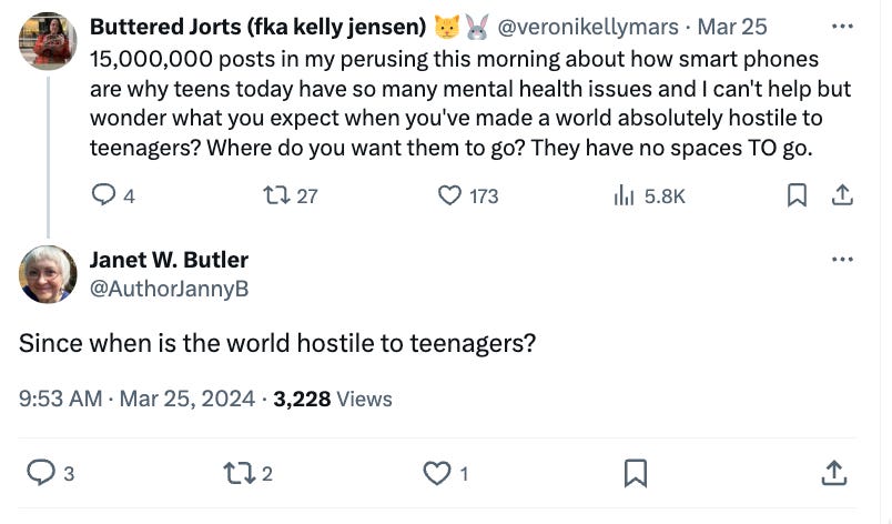tweet exchange about the rash of articles about the anxious generation and one author responds "since when is the world hostile to teenagers?"