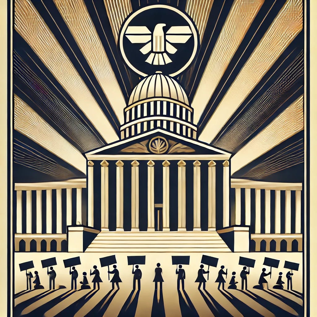 A minimalist Art Deco illustration representing American institutions, now including a stylized group of protesters in the foreground. The image features sleek geometric shapes forming a grand capitol-style building with bold vertical lines and subtle gold accents. A stylized eagle emblem is centered above, symbolizing governance and stability. The protesters are depicted as simplified, elegant silhouettes holding signs, blending seamlessly into the refined Art Deco aesthetic. The background has soft, radiating sunbursts and symmetrical patterns, maintaining a sophisticated, streamlined look with a deep navy, ivory, and gold color palette.