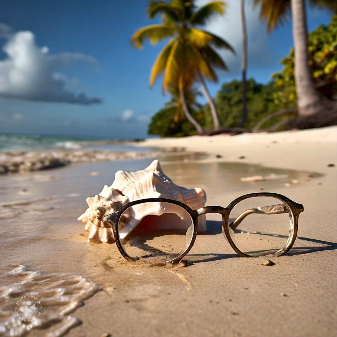 Broken glasses and a conch shell on a deserted beach