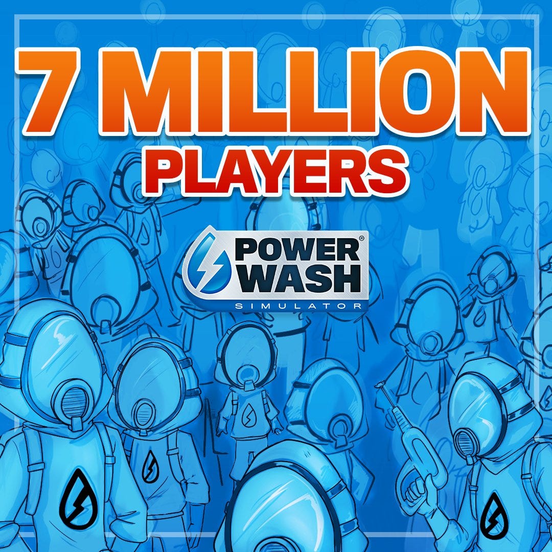 Text: 7 Million Players - PowerWash Simulator logo below
Image: Blue background with a mix of chibi and lifelike PowerWash Simulator washer model sketches.