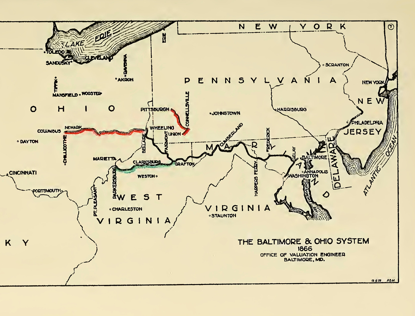 A map of the Mid-Atlantic United States showing the B&O railway system as of 1866. The furthest point west on the mapped system is Columbus, Ohio.