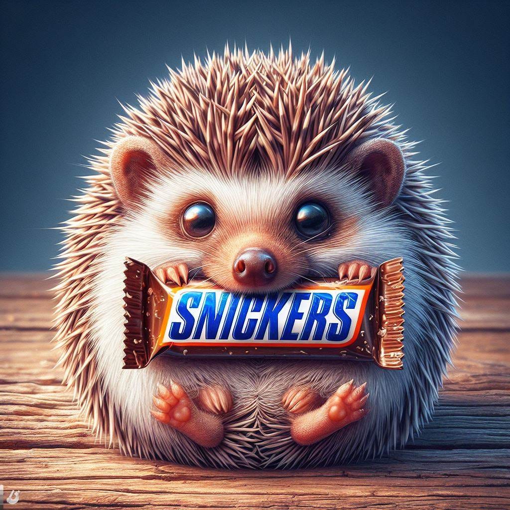 An image of a hedgehog eating a Snickers bar