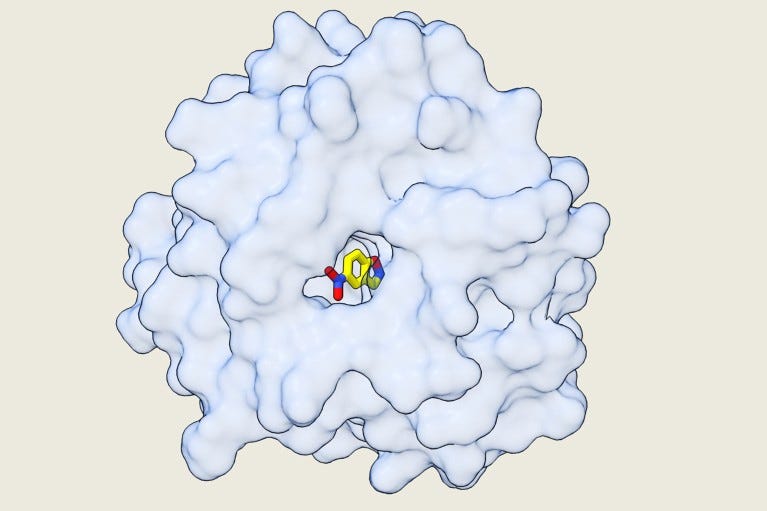 A computer generated image of a 3D enzyme on an off-white background