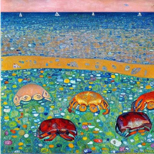 A colorful painting-style image of crabs on a shore embellished with seashells at low tide