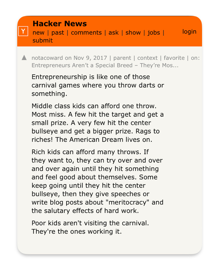 Screenshot of HN post about Entrepreneurship is like one of those carnival games.