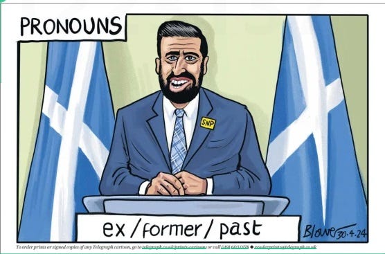A cartoon of Humza Yousaf with the word 'pronouns' in the top left corner and 'ex/former/past' beneath him. It is their one joke