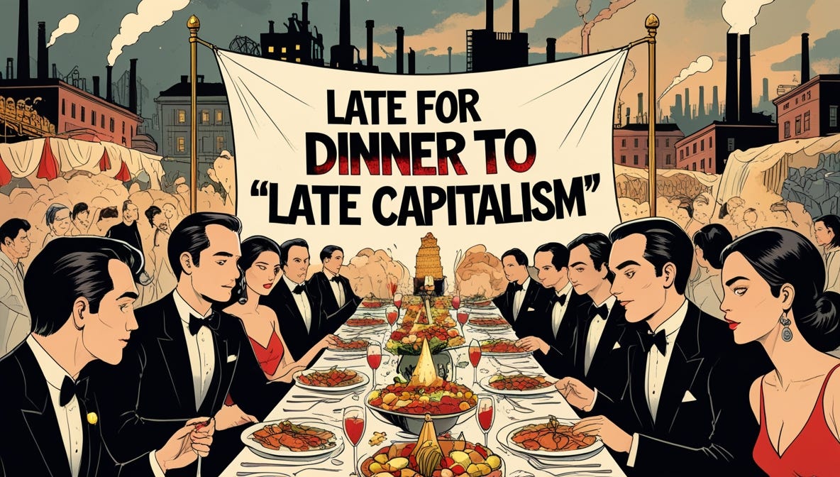 A satirical illustration depicting a bourgeoisie dinner party, with guests arriving fashionably late, surrounded by opulent decorations and excessive food, set against a backdrop of factories, sweatshops, and crumbling urban landscapes, symbolizing the contradictions of late capitalism, with muted colors, warm lighting, and bold lines, evoking a sense of irony and social commentary, where the affluent individuals, with pale skin tones, refined facial features, and impeccable attire, are oblivious to the chaos and exploitation happening outside their extravagant bubble, and in the center, a banner or sign reading "Late For Dinner To 'Late Capitalism'" in bold, distressed, graffiti-style letters, with hints of red and gold, adding to the sense of urgency and critique.