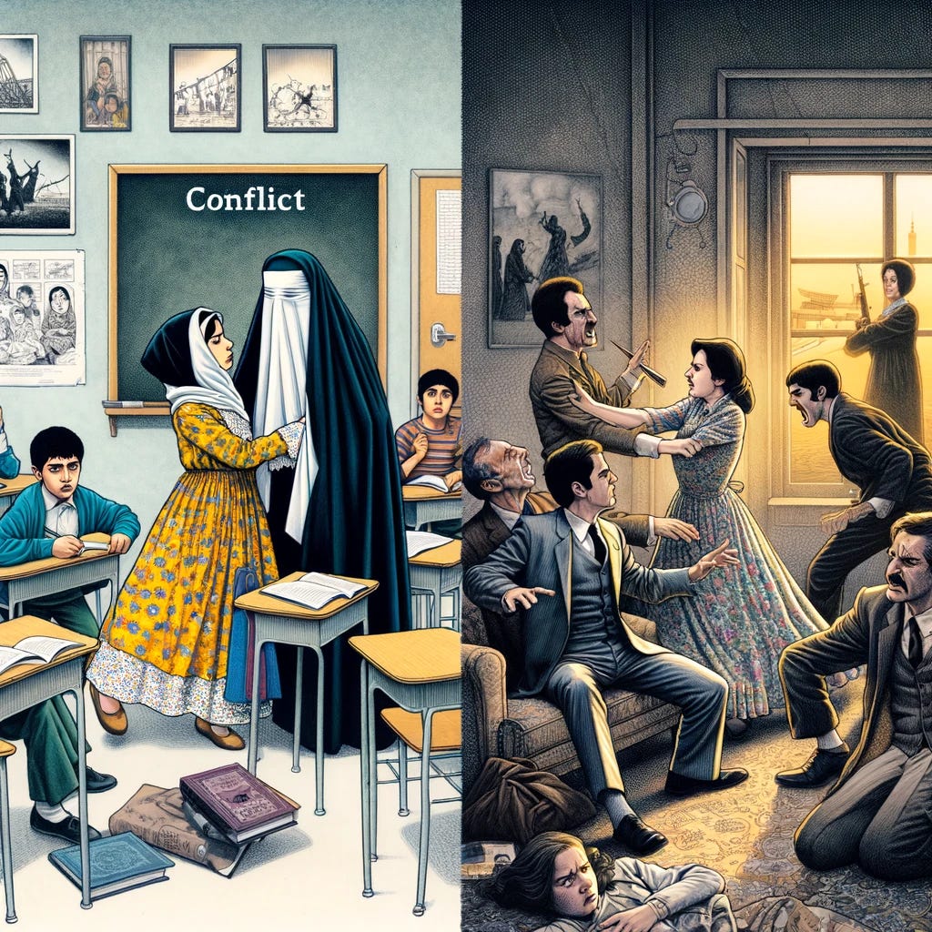 Create an artwork suitable for an essay discussing the fundamental role of conflict in storytelling, as explored in 'Persepolis' and 'A View from the Bridge'. The image should visually juxtapose two distinct scenes. On one side, illustrate a scene from 'Persepolis' with a young Marjane and her classmates in a classroom, playfully yet naively interacting with a veil, symbolizing the political and cultural conflicts of Iran. The atmosphere should be somber yet innocent. On the other side, depict a tense scene from 'A View from the Bridge' featuring Eddie Carbone in a heated argument with his niece Catherine and Rodolpho, representing personal and interpersonal conflicts in a tight, domestic setting. The artwork should capture the essence of conflict as a narrative driver in both stories, contrasting the political backdrop of 'Persepolis' with the personal drama of 'A View from the Bridge'. The style should blend elements of graphic novel aesthetics with theatrical drama to highlight the different mediums of the stories.