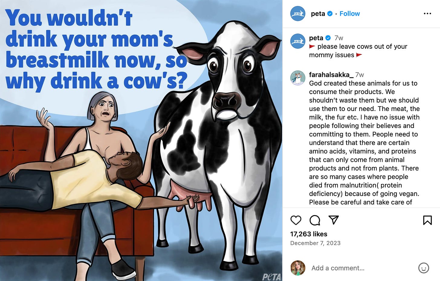 a cartoon that says “You wouldn’t drink your mom’s breastmilk now, so why drink a cow’s?” with an image of a man sucking an older woman’s breast