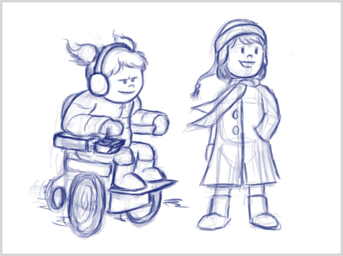 Digital pencil sketch of two cartoon characters done in blue. One young girl sits in a power wheelchair wearing warm winter clothes. She has two flame-like pigtails and a determined expression on her face. The other young girl stands beside her wearing a long toque with ear flaps, a long scarf and a warm wool coat.