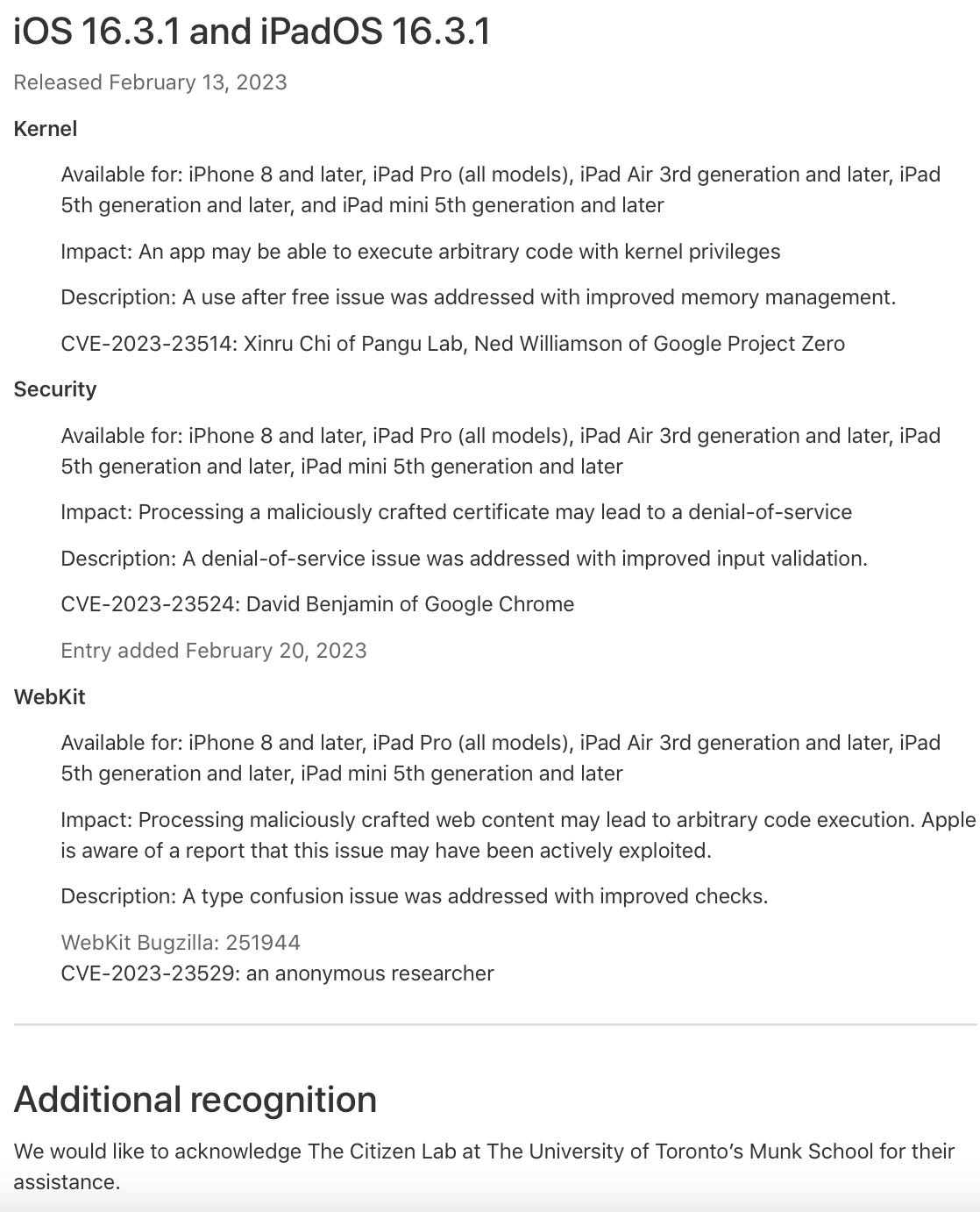 Apple acknowledges Citizen Lab’s assistance with the 16.3.1 security update. 