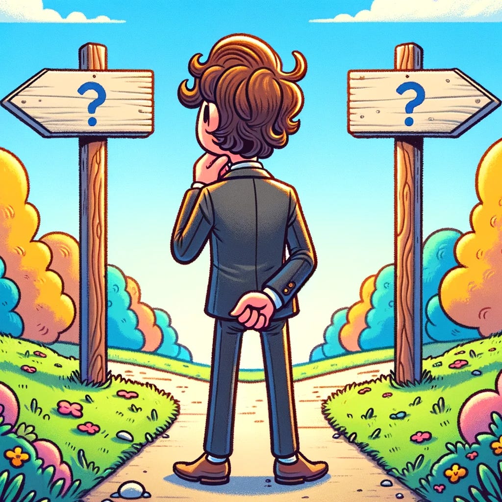 Create a hand-drawn, cartoon-style image showing the back of a male public figure with wavy brown hair, wearing a suit. He is standing at a fork in a road, looking indecisively at two signposts, each pointing in opposite directions. The signposts are blank to make them customizable. The setting is in a colorful and whimsical forest, with exaggerated shapes of trees and a clear blue sky overhead. The cartoon figure should have a thoughtful expression, with one hand on his chin, symbolizing a decision-making process.