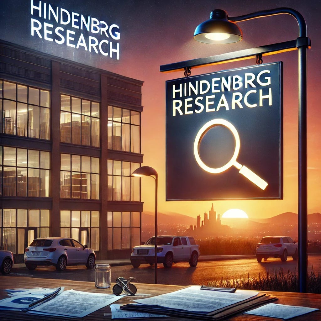A symbolic representation of Hindenburg Research's closure, showing a corporate office in twilight, with its lights dimming, a signboard reading 'Hindenburg Research' being taken down. The scene includes symbolic elements like a magnifying glass and documents scattered, representing investigative research, and a serene sunset in the background indicating closure and a new beginning. The atmosphere is reflective and professional.