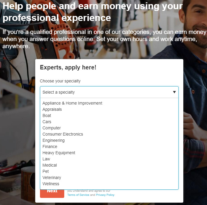 Screen capture of JustAnswer categories you can apply as an expert in.