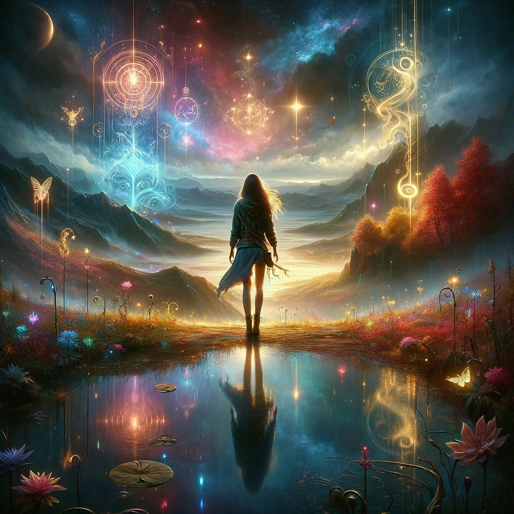 In the enchanted realm of Mirrormere, where dreams and reality intertwine, stands The Wounded Dreamer, a figure of resilience, creativity, and transformative potential. This scene captures her standing at the edge of Mirrormere, a place where the boundaries between the physical world and the realm of imagination blur. She gazes into the distance, reflecting on her journey of healing and self-discovery. The landscape around her is a vibrant tapestry of the natural world, infused with magical elements that symbolize her inner world and the universal themes of love, loss, and the search for meaning. Ethereal lights and mystical symbols float in the air around her, representing the creativity, empathy, and self-reflection that guide her path. This image aims to encapsulate the essence of The Wounded Dreamer's character study, inviting viewers to see parts of their own struggles and aspirations in her story, and to be inspired by her commitment to growth and the pursuit of a meaningful life.