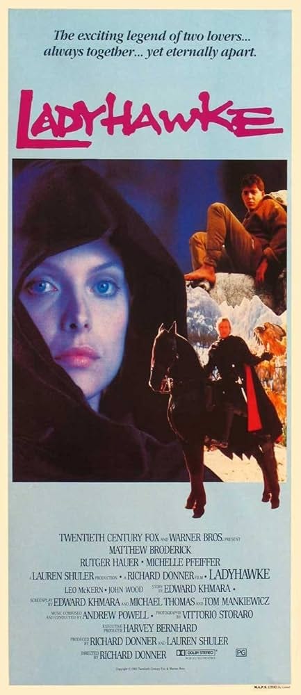 Amazon.com: Ladyhawke Movie Poster (13 x 30 Inches - 34cm x 77cm) (1985)  Australian -(Matthew Broderick)(Rutger Hauer)(Michelle Pfeiffer)(John  Wood)(Leo McKern)(Alfred Molina): Prints: Posters & Prints