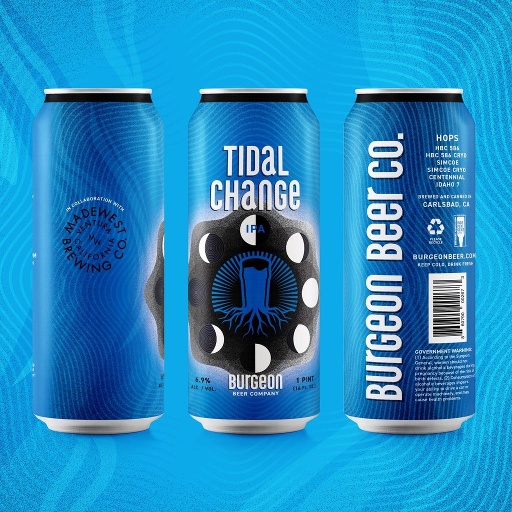 Brilliant blue 16oz cans of "Tidal Change" IPa from Burgeon Beer Company and Madewest Brew Co