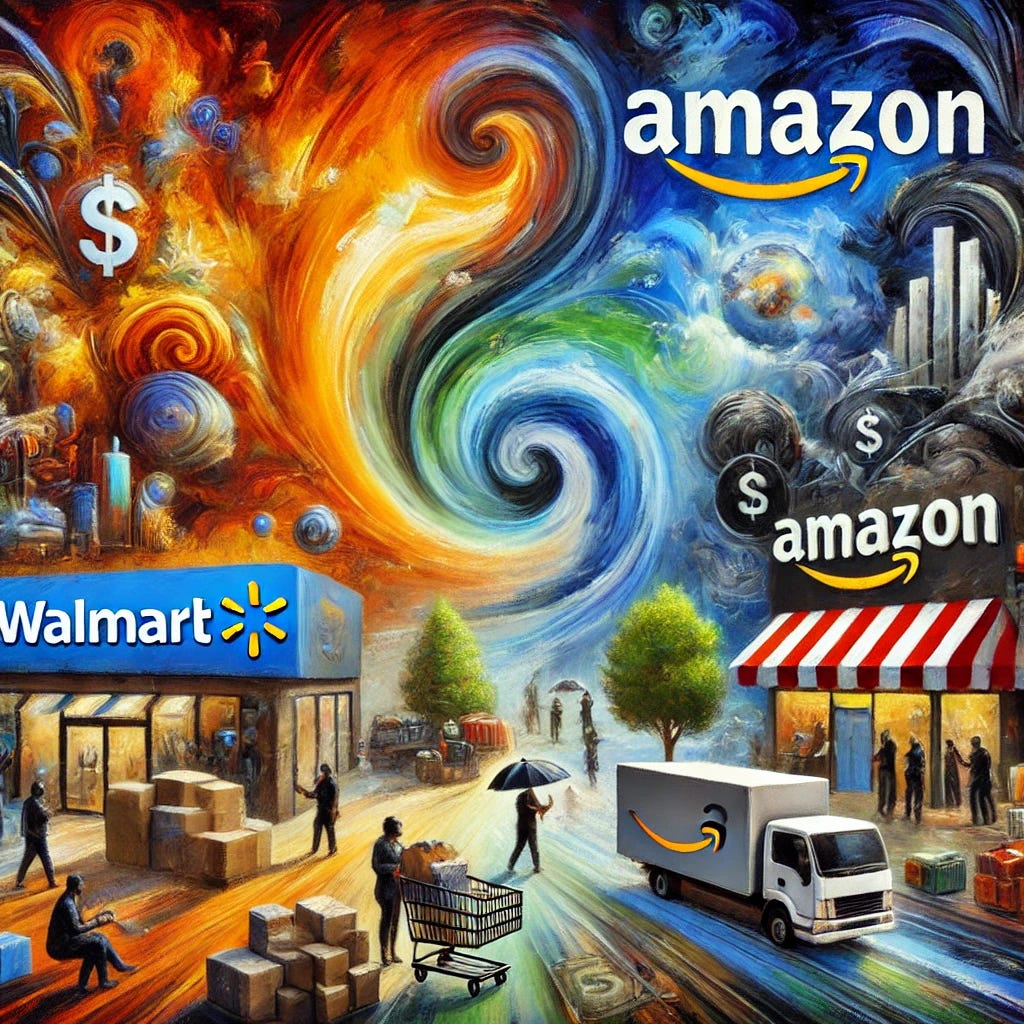 An abstract representation of Walmart's and Amazon's advertising revenue. Swirling brushstrokes and contrasting colors depict the contrast in advertising earnings. Elements representing Walmart and Amazon's retail environments, with figures symbolizing customers and products being sold. A dynamic scene with advertising elements like TV screens, sponsored stalls, and in-store radio spots. A dramatic sky with vibrant colors illustrates the financial impact and growth in ad revenue. The scene evokes a sense of commercial energy and market dynamics, resembling an oil on canvas painting in an expressionistic style.