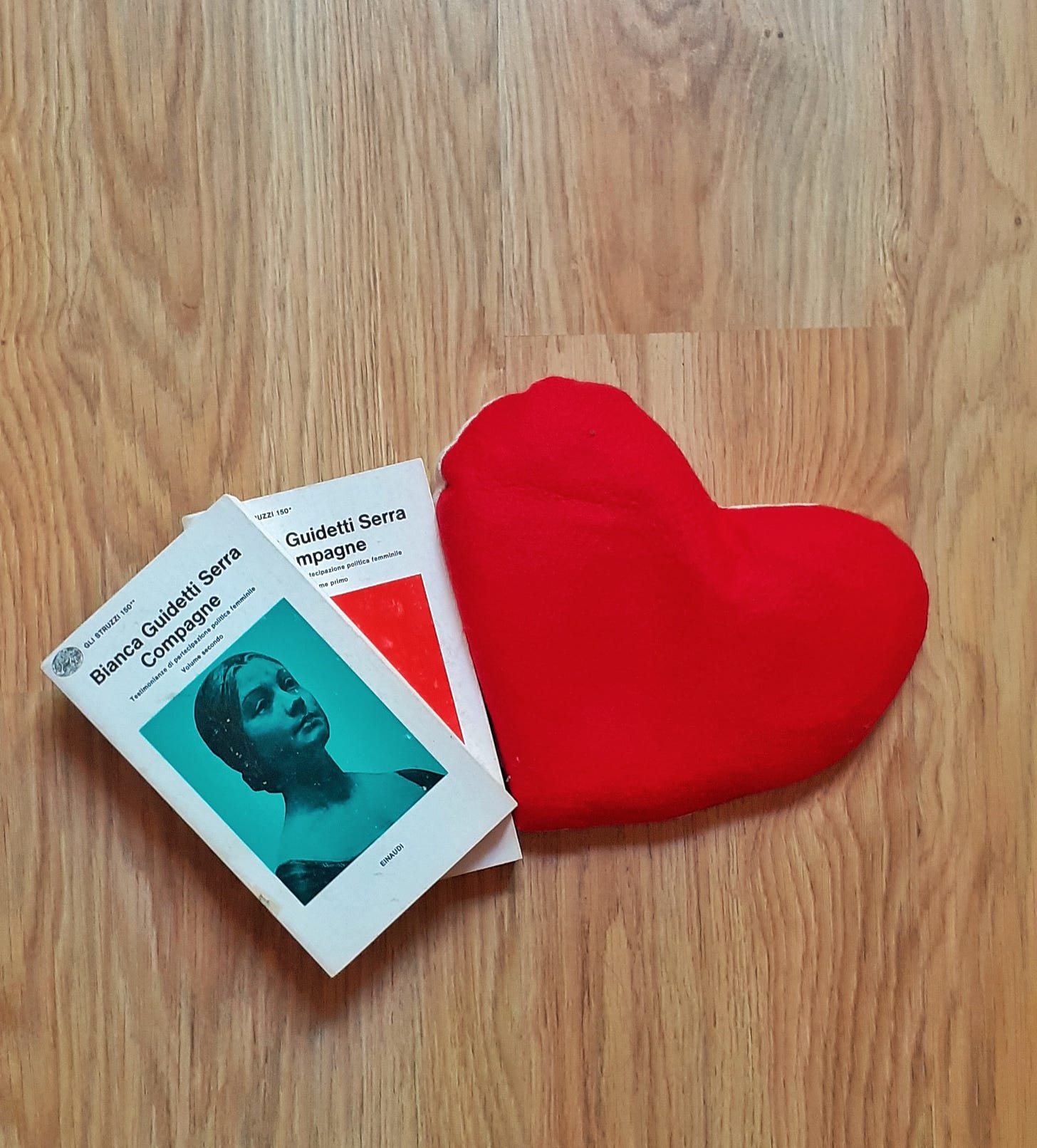 Su un pavimento in parquet sono poggiati un cuscino a forma di cuore rosso e due libri Einaudi, collana Gli Struzzi: sono i due volumi di Compagne, di Bianca Guidetti Serra.