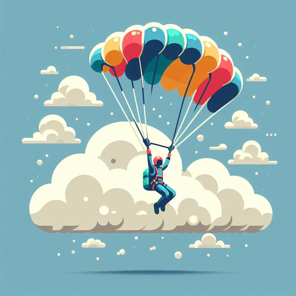 A person parachuting out of a cloud with more flat coloring and texturing
