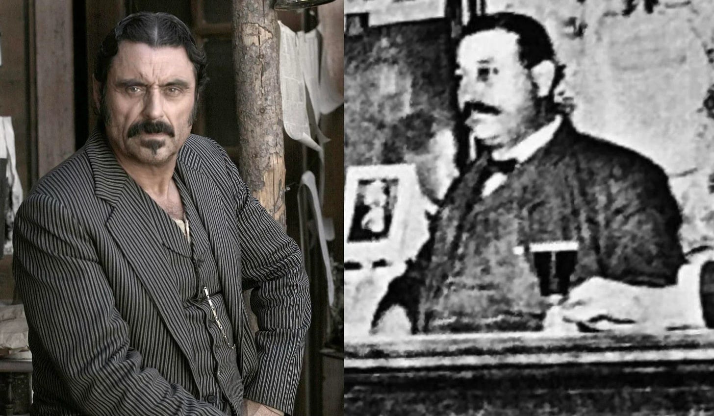This diptych shows Deadwood's primary antagonist & antihero Al Swearengen (played by Ian McShane) on the left and a black-and-white photograph of the actual Al Swearengen (full name: Ellis Alfred Swearengen) on the right.