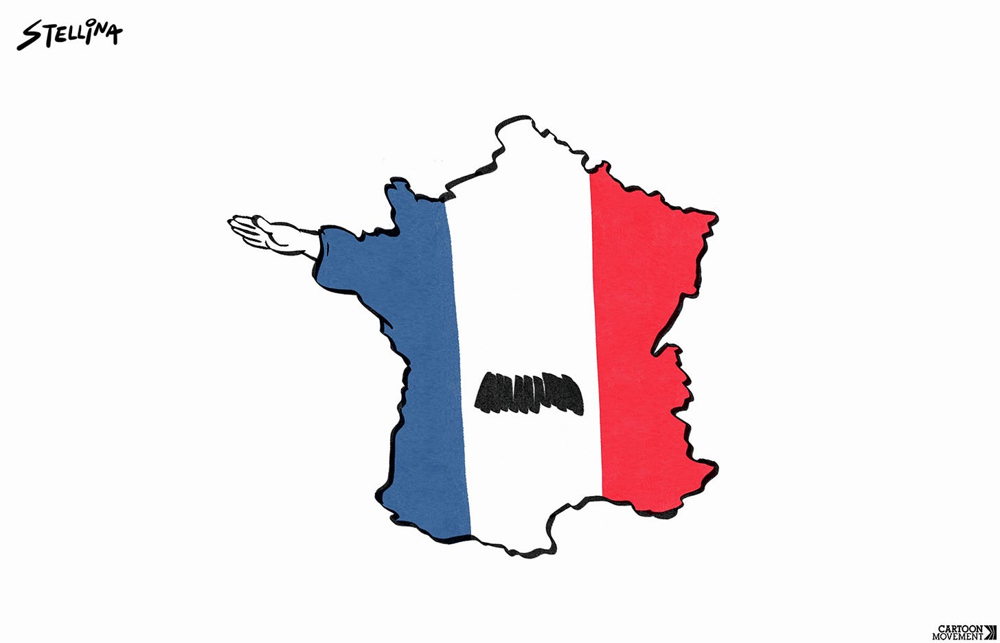 Cartoon showing an outline of the country France, with a Hitler moustache and a hand giving a Hitler salute sticking out of Brtitany.