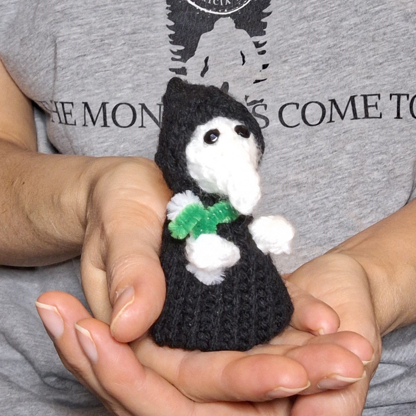 Image of a knitted plague doctor. Knitted by author Patricia J.L.
