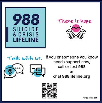 Graphic of a 988 Suicide & Crisis Lifeline magnet with an image of open hands with a heart between them and text that reads, there is hope; and speech balloons that read, talk with us.