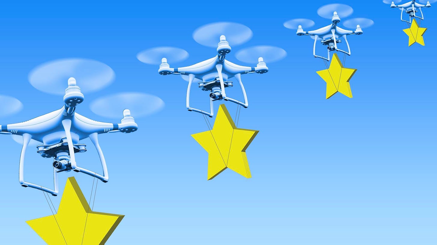 Illustration of drones holding stars flying in a line