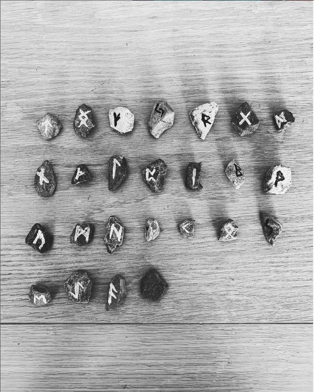 A black and white photo of 25 stones painted with runes sitting on a wooden table