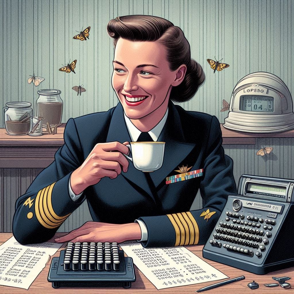 Grace Hopper drinking coffee with a 1950s calculator and some small moths in the background, wearing an admiral uniform and smiling, with sheets of 0s and 1s on the table in front of her, in color