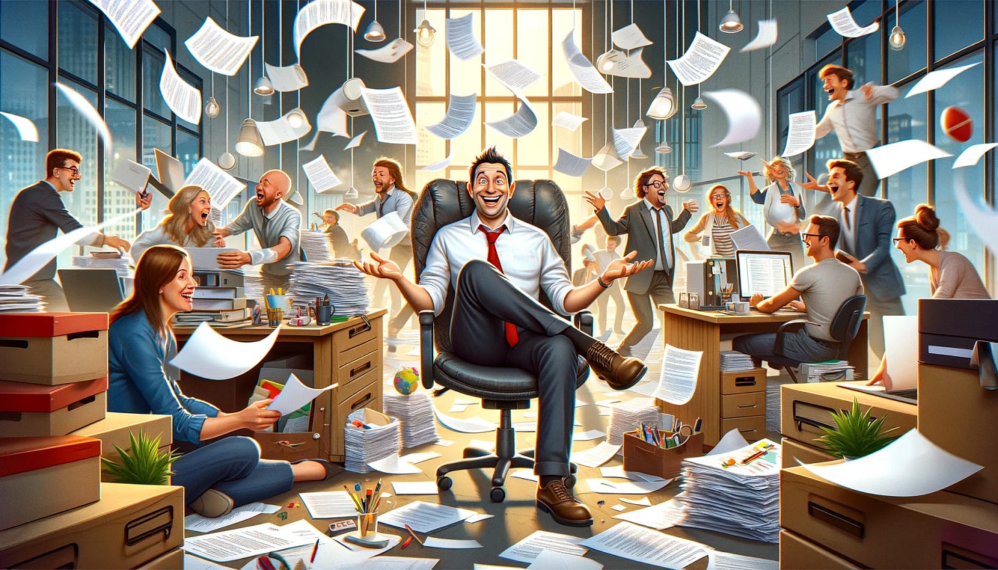 Create an engaging and humorous illustration that captures the essence of working with a boss who has ADHD in a positive, light-hearted way. The scene is set in a chaotic office environment, where papers are flying, multiple projects are happening at once, and the boss is in the center, enthusiastically juggling tasks - literally and metaphorically. Employees are around him, some are trying to catch the flying papers, others are laughing and collaborating on a project, and one is looking directly at the viewer with an amused, knowing smile, as if sharing a secret joke about the controlled chaos. The atmosphere is bustling with creativity and energy, depicting the workplace as lively and dynamic despite the disorder. This whimsical portrayal aims to convey the idea that while the environment is unpredictable, it's also filled with opportunities for innovation and humor.