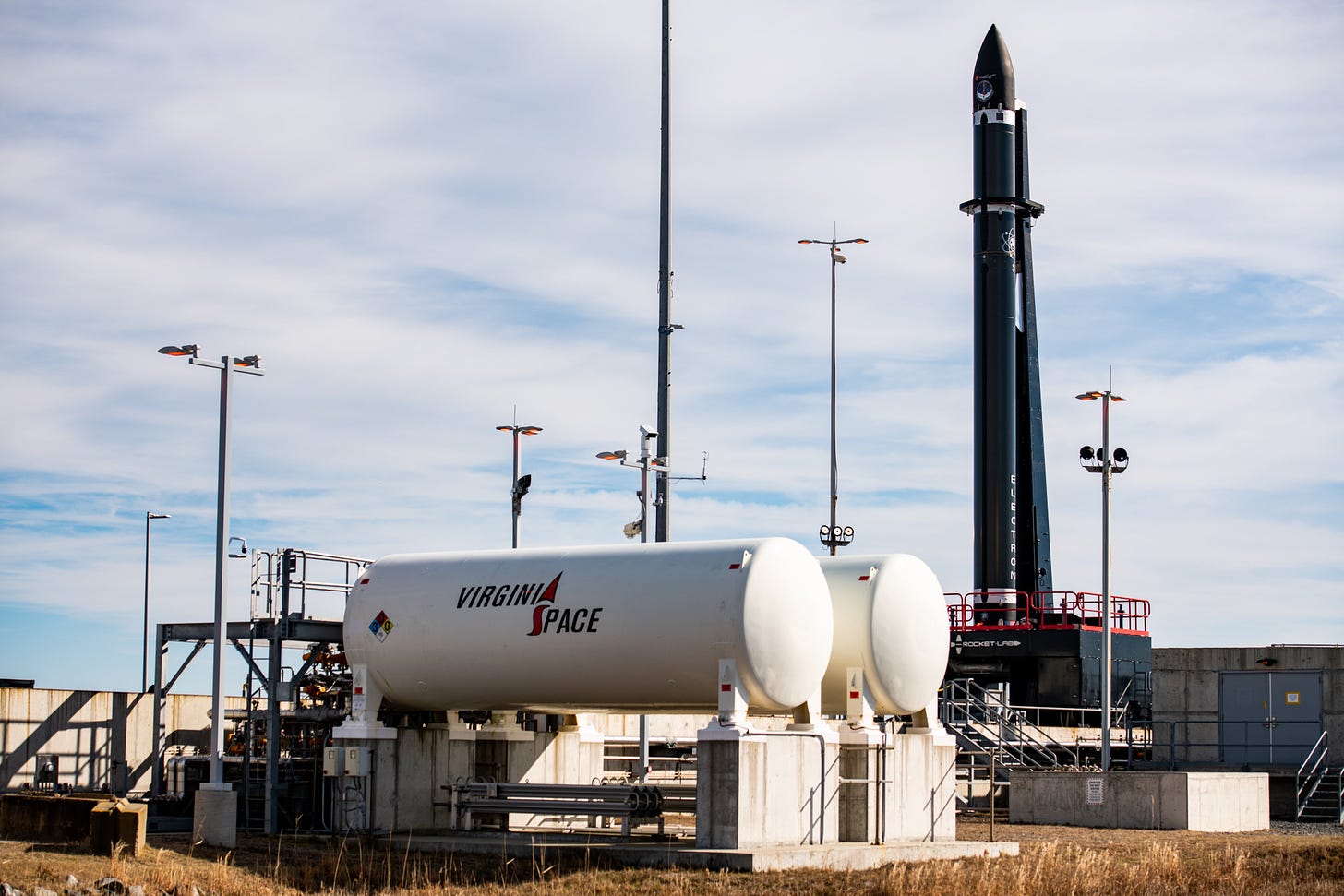 The new Rocket Lab launch site in Virginia. An Electron rocket in the background ready for launch (image from Rocket Lab Twitter feed).