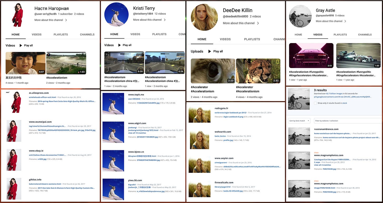 screenshots of four YouTube #acceleration spam accounts, and TinEye reverse image searches showing that their profile photos are stolen